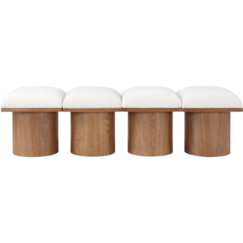 Banc rembourré Horatia, Tissu crème bouclé, H 17,5 po x l 62 po x P 18 po, Noyer brun