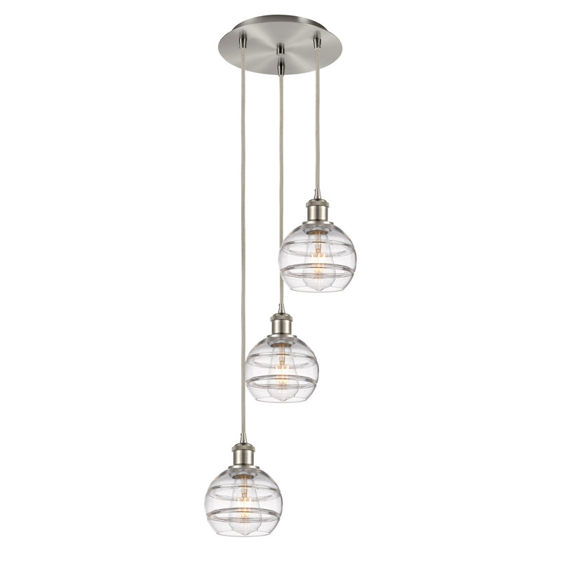 Luminaire suspendu en grappe à 3 lumières Chartoff, H 24,38 po x l 12,38 po x P 12,38 po, Transparent, Nickel satiné brossé