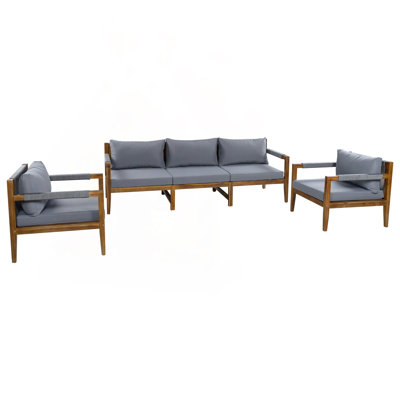 3-Piece Rope-Woven Acacia Wood Outdoor Sofa Set with Deep Seating and Gray Cushions