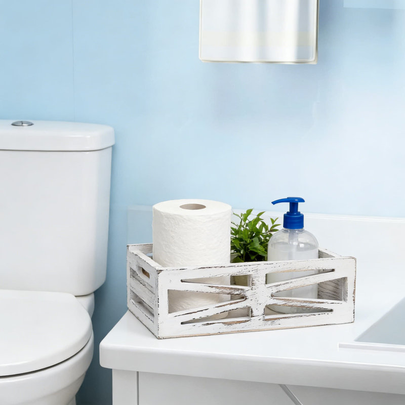 Farmhouse Wooden Bathroom Storage Box, Rustic Toilet Tank Organizer With Decorative Cut-Out Design For Toilet Paper And Bathroom Essentials