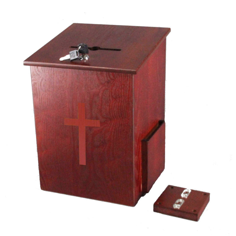 Boîte de collecte de fonds Wood Church, H 14,2 po x l 9,4 po x P 9,4 po, Marron / rouge
