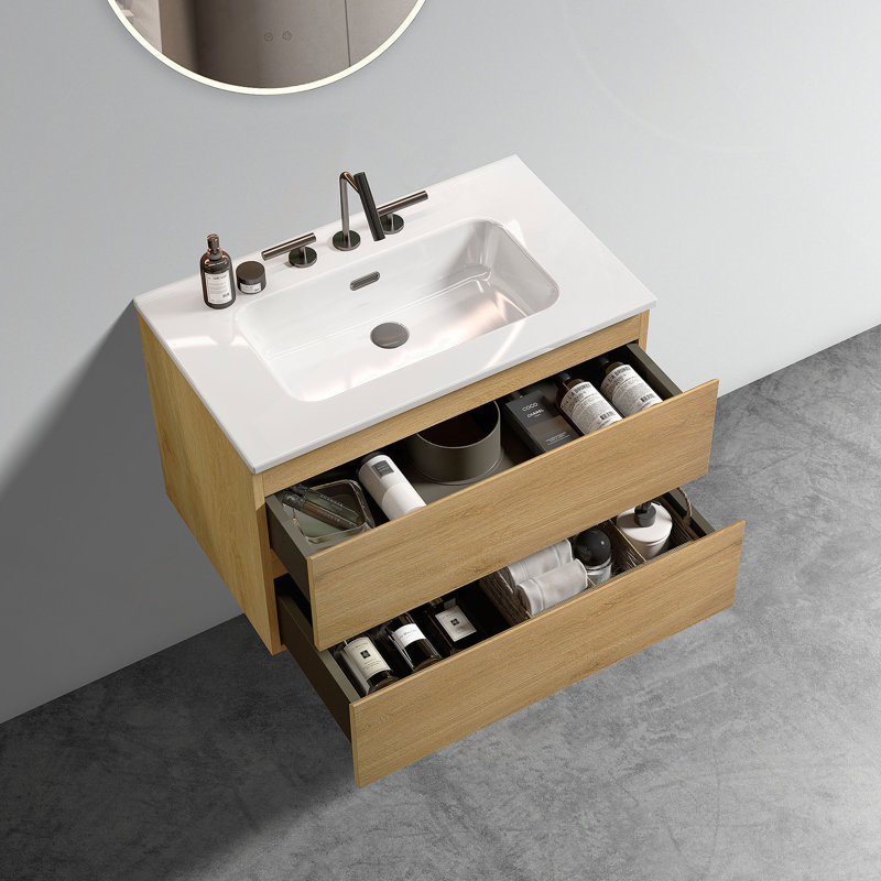 Meuble-lavabo mural en chêne naturel de 30 po avec lavabo en céramique avec trois trous de robinet, grand meuble-lavabo flottant de rangement pour salle de bain moderne, pré-assemblé