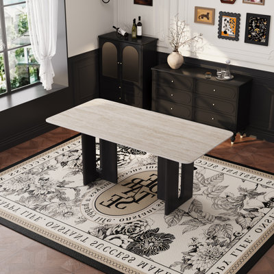 Table de salle à manger de 63 pouces de style moderne en pierre de fritté de style travertin, plateau en pierre brillante avec base en grain de bois de noyer, table de salle à manger rectangulaire pour 4 à 6 personnes