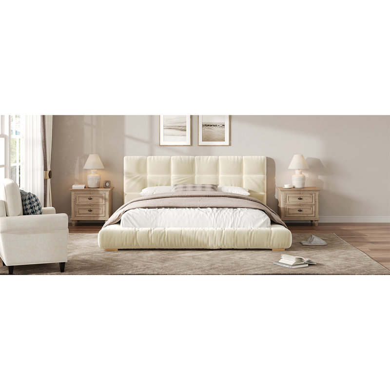 Structure de lit tapissier grand format en velours avec tête de lit capitonnée Channel, Grand lit, Beige