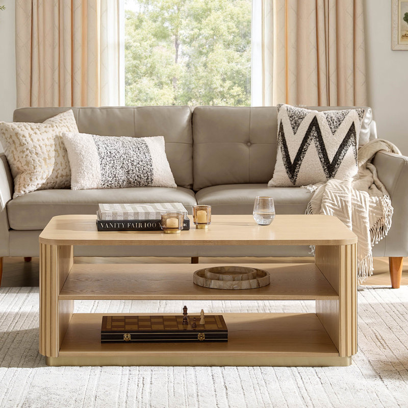 Jadida Natalia Modern 47.5"W Fluted Rectangular Coffee Table with Double-Layer Storage, Oak