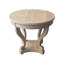 Petite table de salle à manger ronde, de style moderne, pieds galbés, fini bois naturel, 2 tiroirs de rangement, placage de sapin, aspect vieilli, construction en bois.