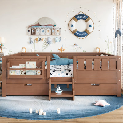 Full Bed with Bookshelves Drawers Staircase Loft Bed Safety Rails Bedroom Furniture Dark Natural