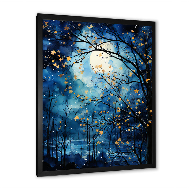 Décoration murale arbre au clair de lune III - paysage arbres, H 44 po x l 34 po x P 1,5 po, Cadre photo noir