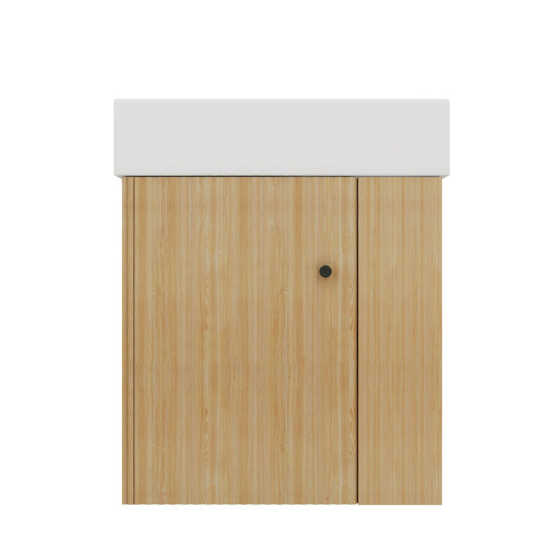 Meuble-lavabo mural de 21,6 po avec lavabo encastré à droite et rangement en céramique, Bois