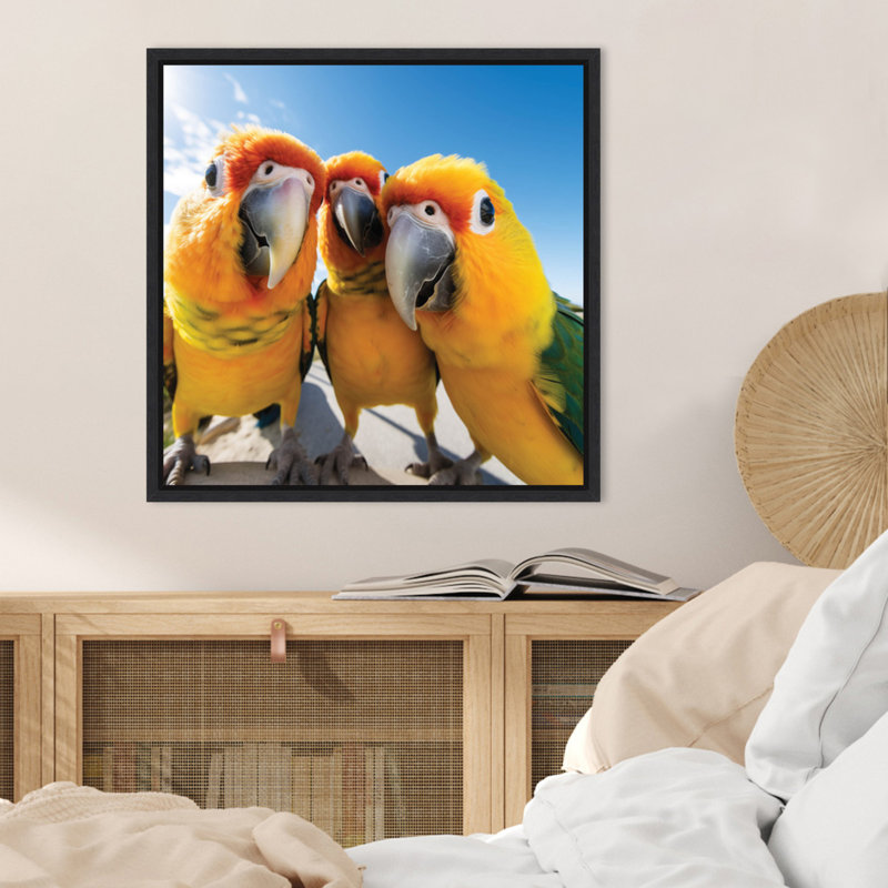 «Funny Animal Parrot Selfie» par The Creative Bunch Studio, reproduction d'art sur toile encadrée, Noir, noir, noir, noir