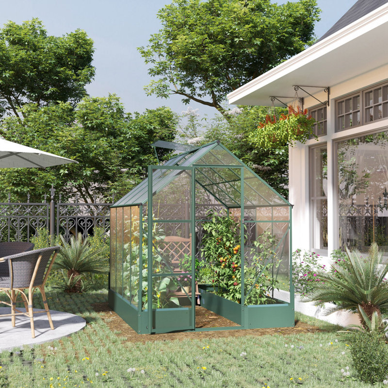 [6 x 8ft] Walk-In Polycarbonate Greenhouse with Base, Raised Bed & Temperature-Controlled Window for Plants, Flowers & Vegetables