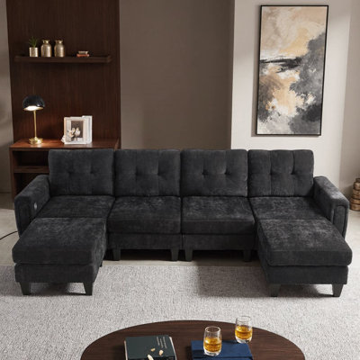 Canapé modulaire en U 115 po avec deux repose-pieds mobiles | Canapé rembourré en chenille avec ports USB et tables d'appoint pliables | Canapé modulaire à 6 places pour le salon, la salle familiale ou l'espace ouvert