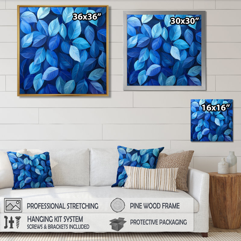 «Cobalt Leaves In Moon Light Collage II», art mural feuilles, H 36 po x l 36 po, Reproduction encadrée d'une seule photo