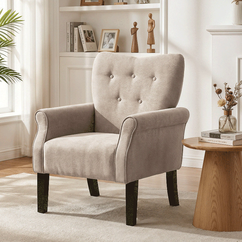 Fauteuil rembourré, fauteuil d'appoint capitonné à boutons avec pieds en bois pour le salon, la chambre à coucher, Beige
