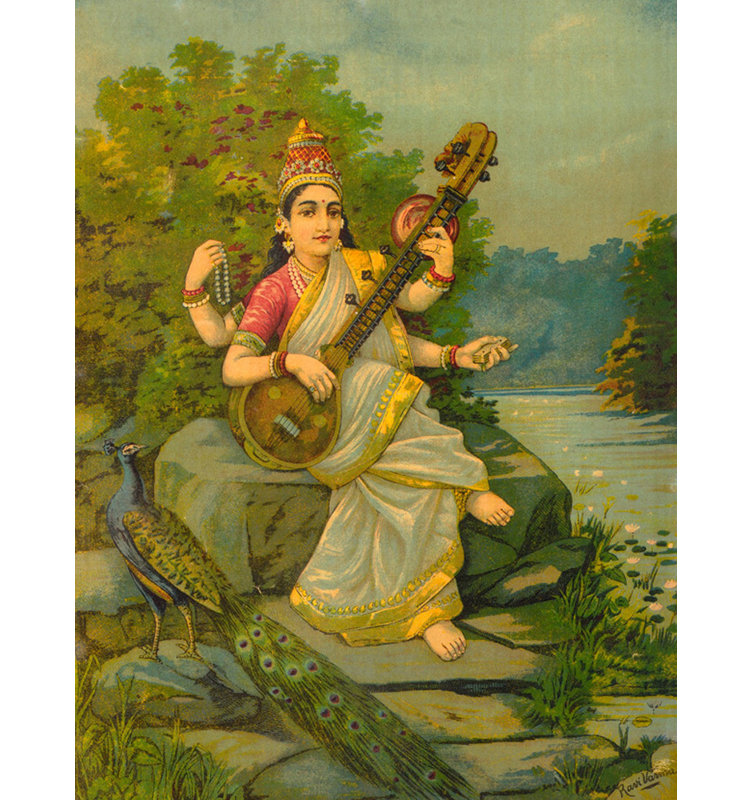 Peinture de la déesse Saraswati, H 24 po x l 18 po