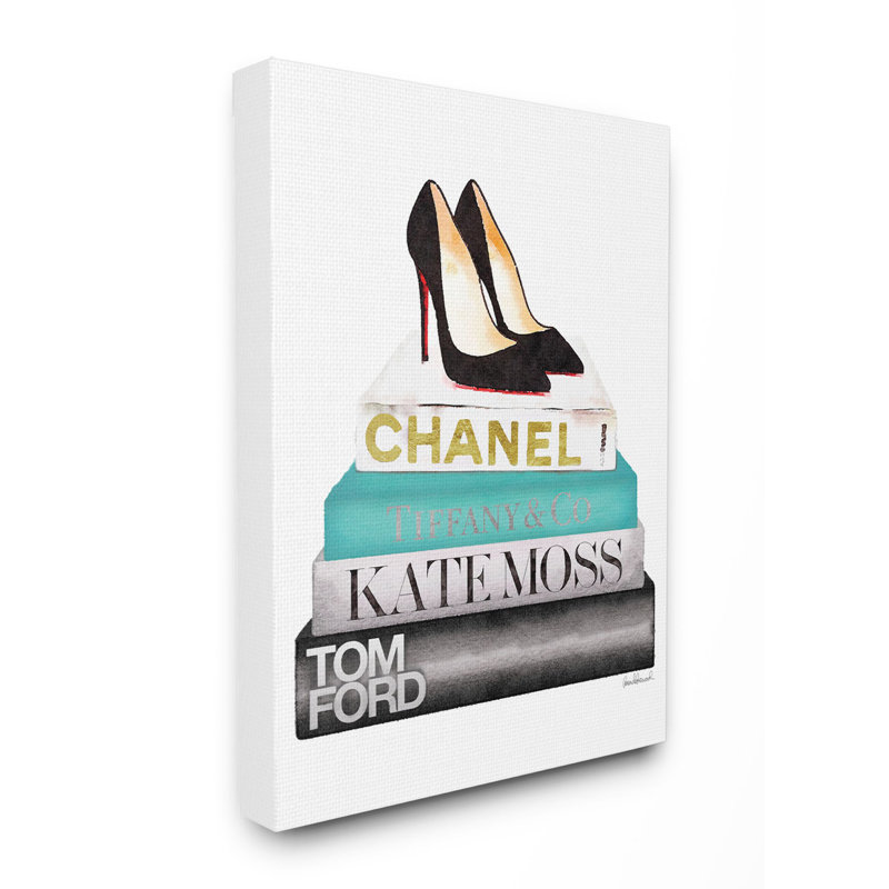«Fashion Designer Shoes Bookstack Blue Black», impression, Toile tendue, H 30 po x l 24 po