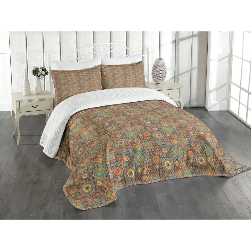 Ambensonne Moroccan Bedspread Eastern Old Turquoise Orange, King Coverlet/Bedspread + 2 Pillow Shams