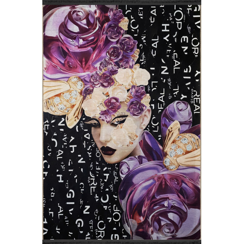 Tapis abstrait mauve à motif de roses, Tapis de couloir 3 pi 3 po x 9 pi 10 po