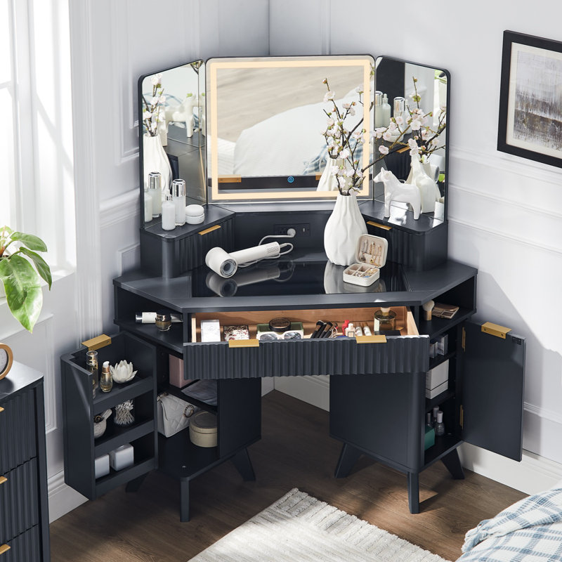 47.3" W Fluted Corner Makeup Vanity, Dark Gray