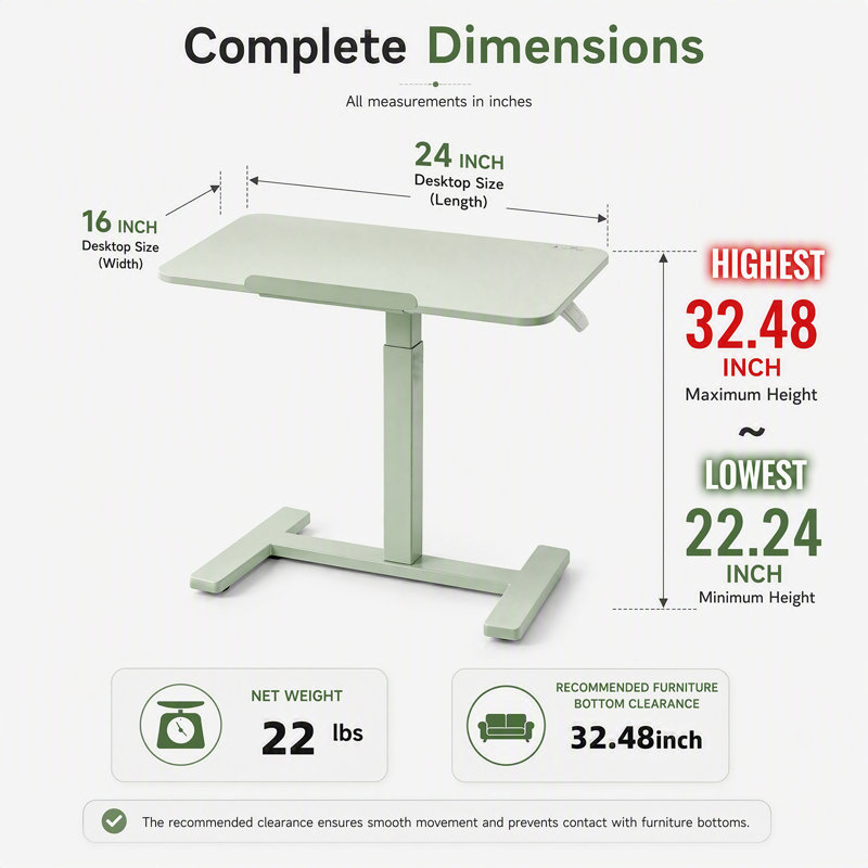 Table roulante pour enfants 24 x 16 pouces, bureau assis-debout réglable en hauteur, plateau inclinable, pour la lecture et les devoirs (vert)