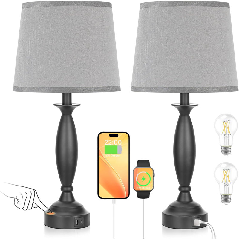 Lampe de table USB en métal Stantonsburg, Noir, Gris