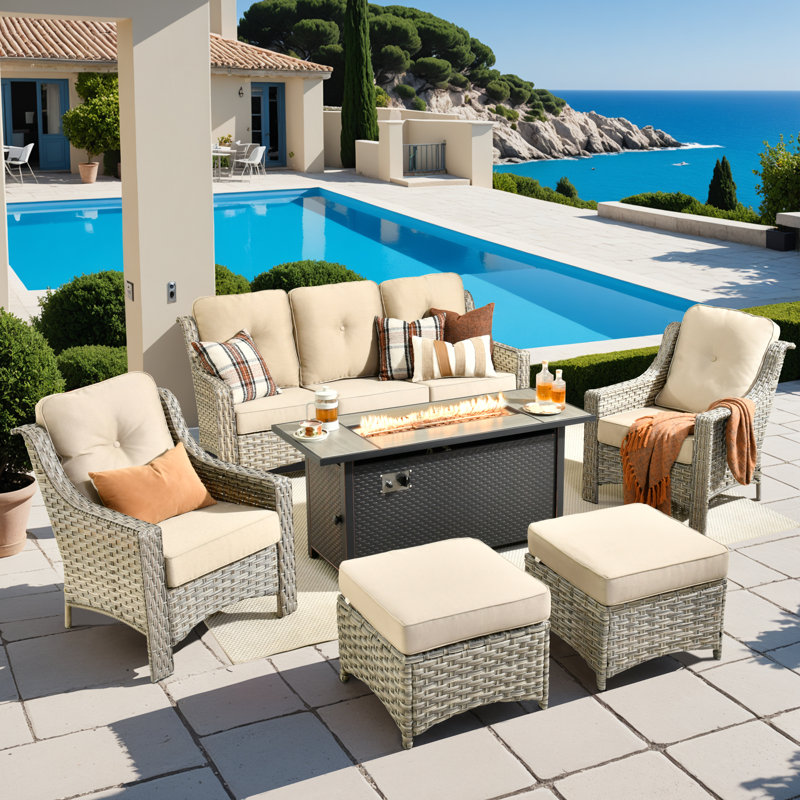 Outdoor Rattan Patio Furniture Set Of 6 With Cushions And Fire Table, Beige