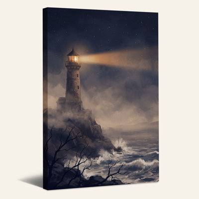 Tableau sur toile d'Halloween représentant un phare brillant sur une mer déchaînée