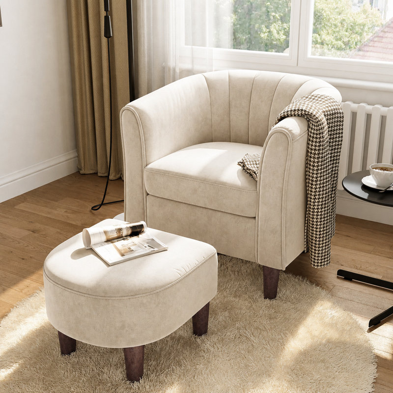 Fauteuil demi-tonneau rembourré avec repose-pieds 27,4 po Torince, Velours beige Mila, H 26,8 po x l 27,4 po x P 25,6 po