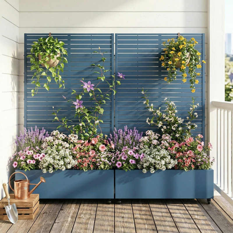 Lit de jardin en métal avec treillis et roues H 6 pi x l 4 pi - bleu, H 73 po x l 47 po x P 16 po, Bleu