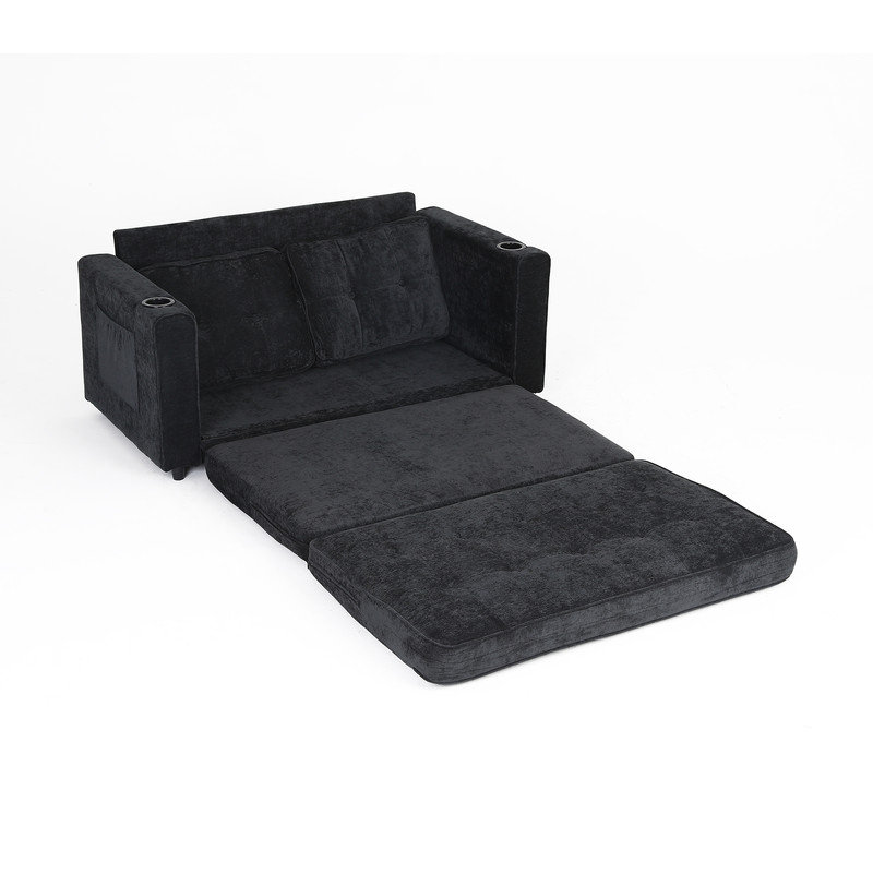 Élégant canapé-lit pliable avec porte-gobelets et rangement latéral, Noir