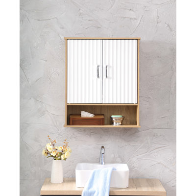 Wavy - Double Door White And Natural Wood Bathroom Wall Cabinet With Adjustable Inner Shelf, Bottom Quick Setup For Function Arrangement Simple Functionality