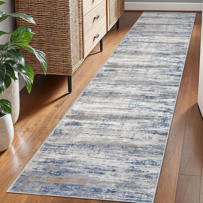 Modern Abstract Washable Rug Runner  Hallway Runner Rug Non-Slip Soft Kitchen Runner Rugs, Print Distressed Grey-Blue Striped Carpet Runner For Entryway Bathroom Laundry Room Foyer