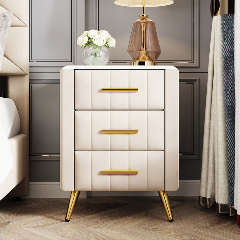 3 tables de chevet rembourrées avec pieds en métal - Plan de travail beige, Beige