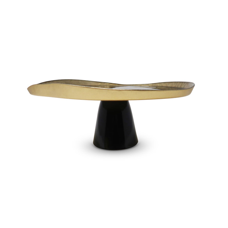 Organic Shaped Cake Plate with Gold Detail, 12.5" W x 6" H x 12.5" D, Black/Gold