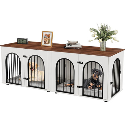 71" Dog Kennel Furniture for 2 Large Dogs, Extra Large Double Dog Crate with Divider, Cushions, and Doors, Indoor Dog Cage End Table TV Stand