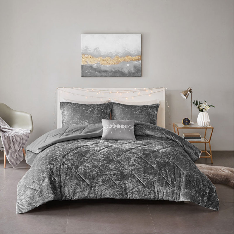 Full Velvet Comforter Set, Soft Plush Bedding Set with Decorative Throw Pillow, Gray, Full Comforter + 3 Additional Pieces