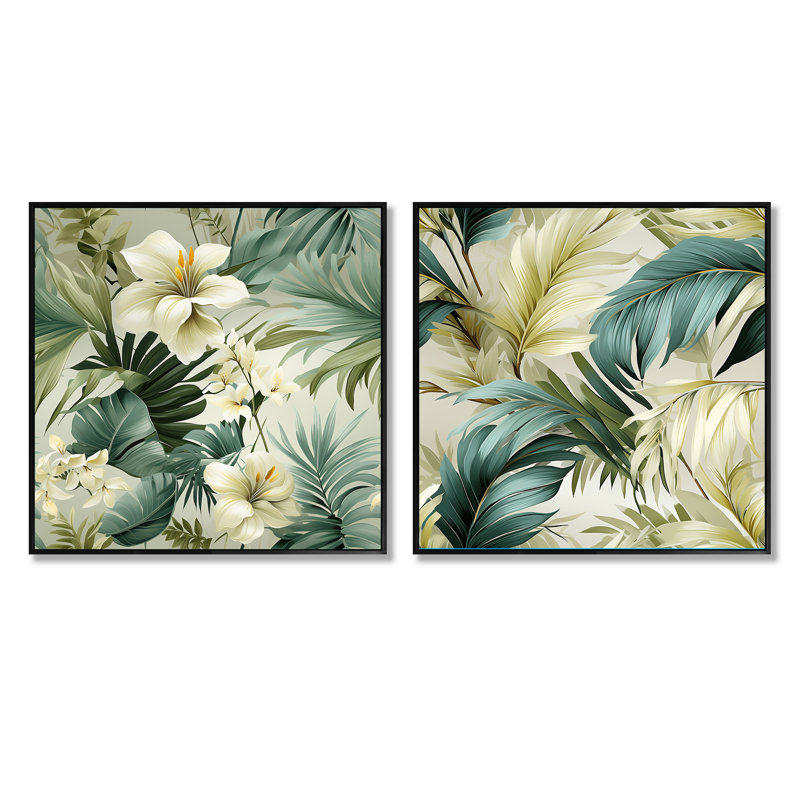 Brockton - Ensemble de 2 collages floraux carrés, Cadre flottant noir, H 30 po x l 61 po