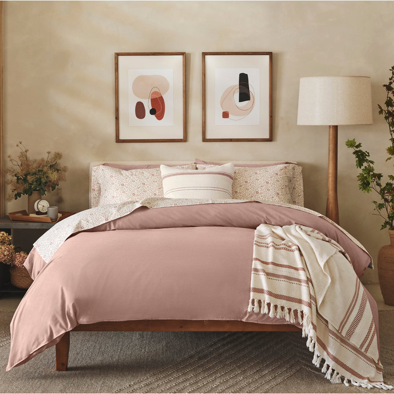 Organic Crinkled Percale Sheet Set, Full Sheet Set with 2 Pillowcases, Praline Chambray