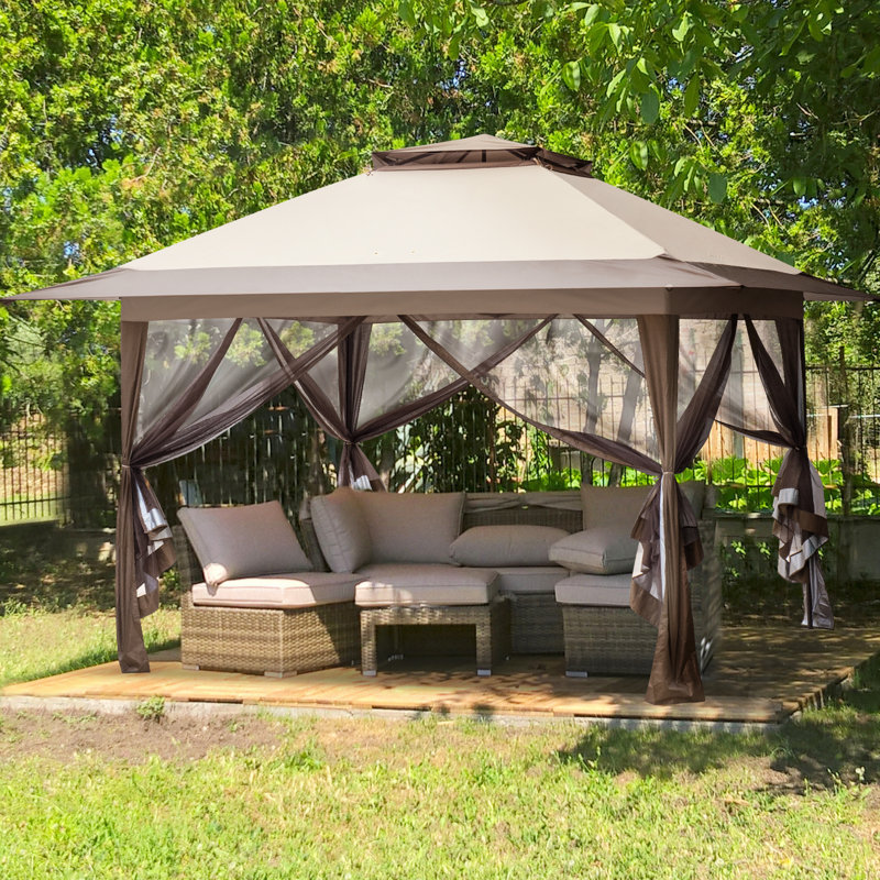 Beige and Brown Metal Pop-Up Patio Gazebo with Mosquito Netting