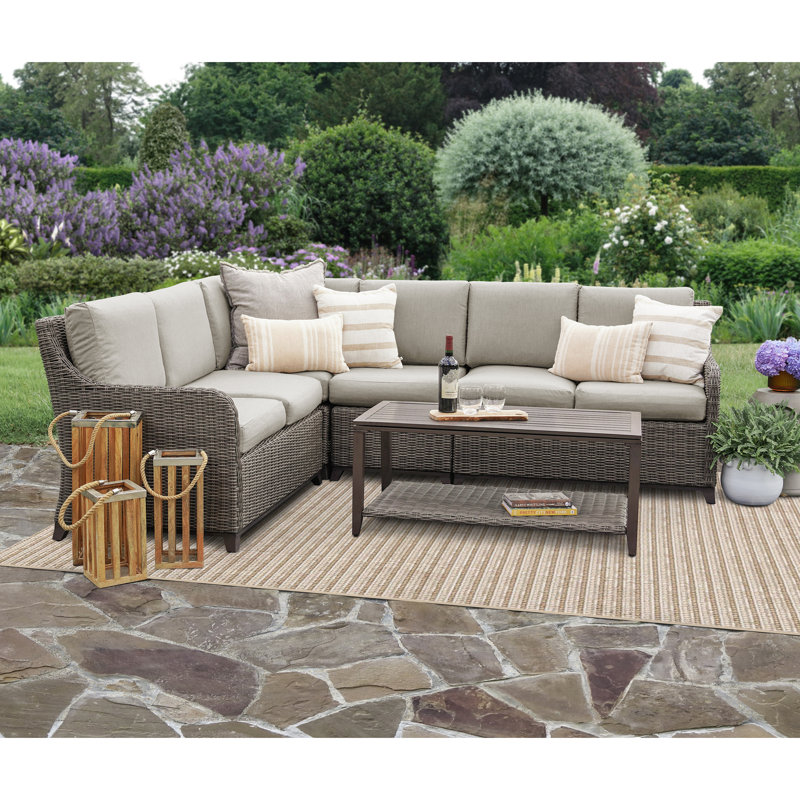 Ensemble de conversation modulaire en rotin 5 pièces avec coussins, Brun clair