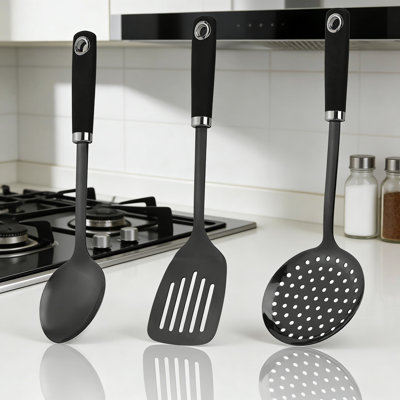 Ensemble d'ustensiles de cuisine professionnel en acier inoxydable 3 pièces avec cuillère rainurée, tourne-spatule et écumoire - poignée en silicone résistant à la chaleur, va au lave-vaisselle pour un usage commercial et domestique