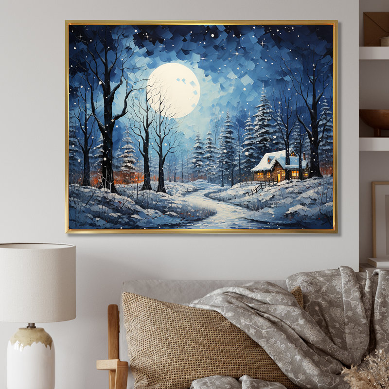 Paysage de chalet d'hiver de Noël III - Paysage d'hiver grand art mural, Cadre flottant doré, H 34 po x l 44 po x P 1,5 po