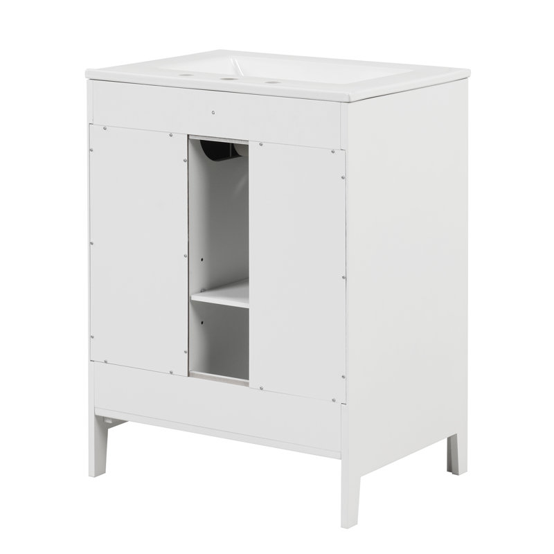 Meuble-lavabo 24 po avec lavabo, meuble-lavabo avec deux tiroirs et porte, tablette réglable, bois massif et panneau de fibres à densité moyenne, blanc