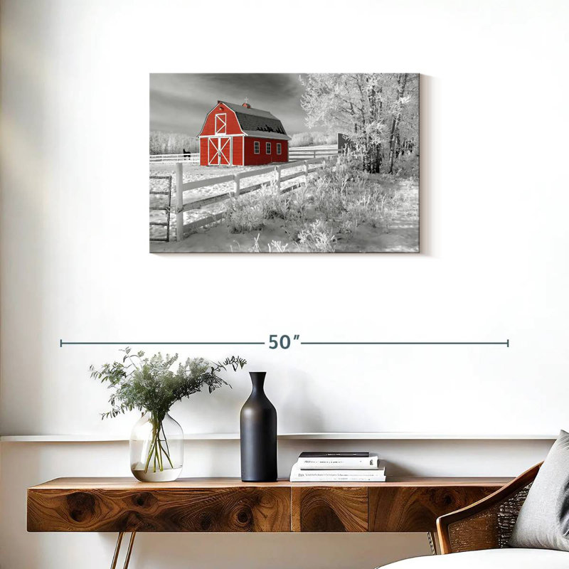 Red Barn In Winter, 20" H x 30" W