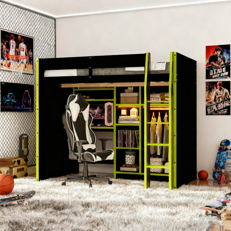 Lit mezzanine moderne avec bureau, bibliothèque de rangement et garde-robe ouverte éclairée, Vert / noir