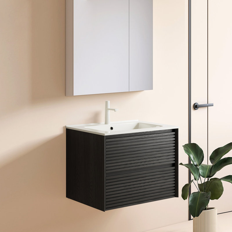 Meuble-lavabo de salle de bain avec lavabo, armoire de rangement murale en contreplaqué flottant avec 2 tiroirs, couleur grain de bois de chêne foncé (robinet non inclus)
