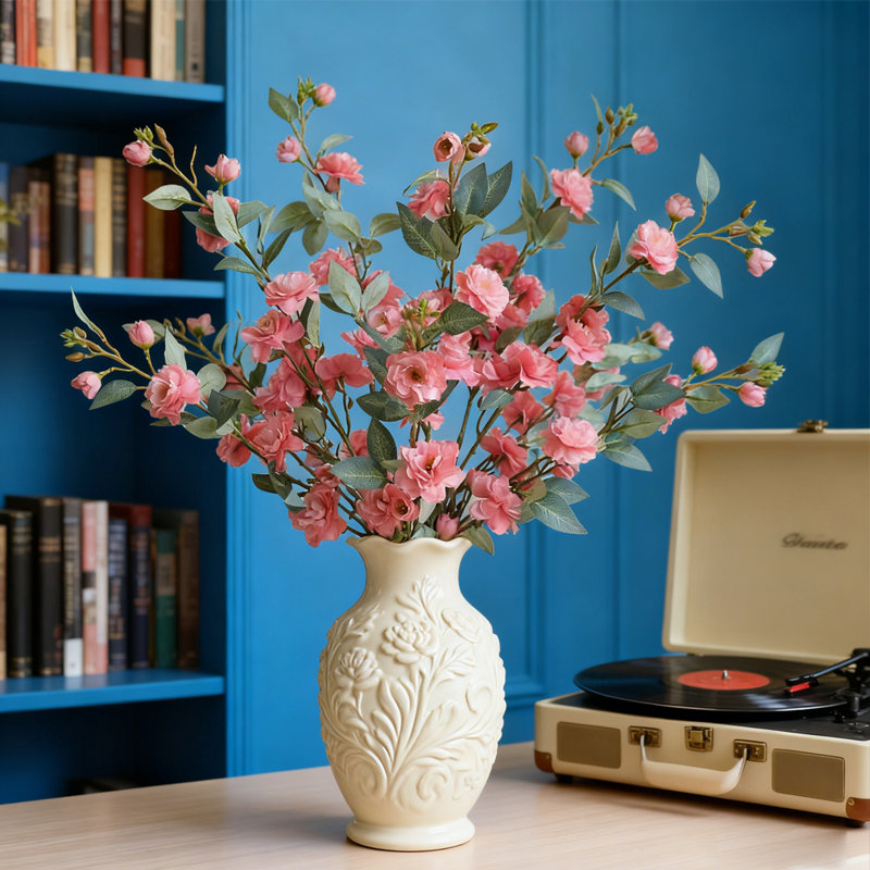 Bouquet de camélia artificiel à 5 tiges, longue tige en soie de 35,4 pouces, fleur de décoration pour la maison / mariage, rose d'automne