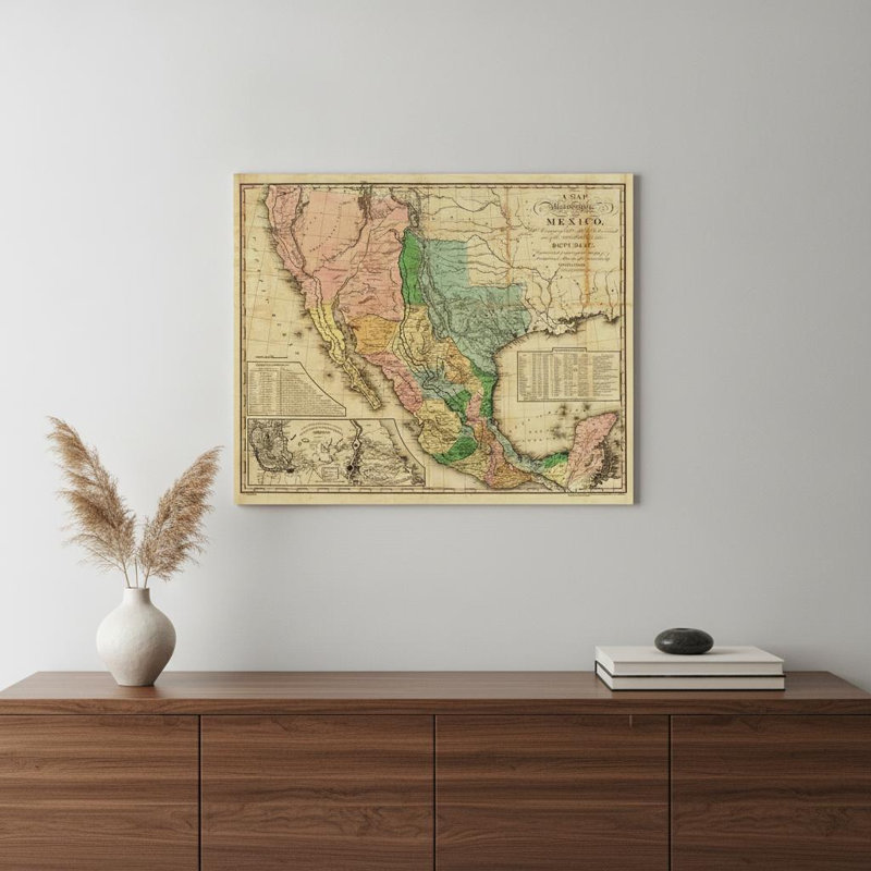 Art mural rétro de la carte du Mexique en 1846, H 24 po x l 30 po x P 0,1 po