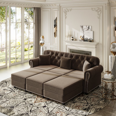 Canapé Chesterfield en velours 82,6 po avec capitonnage à boutons, garniture cloutée et accoudoirs roulés, comprenant 3 coussins, design moderne Mid-Century