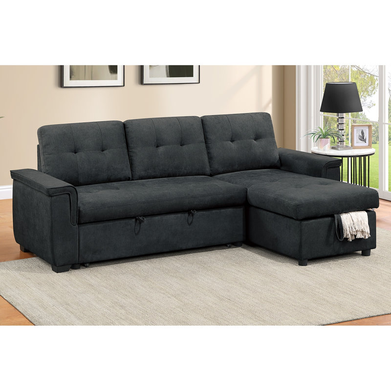 Ensemble de méridienne réversible convertible avec rangement en tweed, Velours noir, Noir